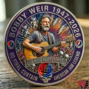 Commemorative Bobby Weir coin with detailed portrait guitar artwork and colorful musical symbolism!