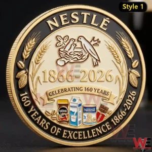 Nestle heritage commemorative coin with gold details celebrating one hundred sixty years of excellence