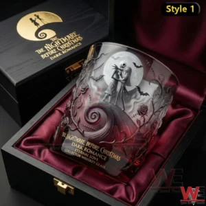 The Nightmare Before Christmas Dark Romance Collector Whiskey Glass 5 A Dark Romance collector whiskey glass displayed inside an elegant wooden gift box with velvet interior and gothic romantic design!