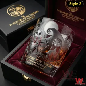 The Nightmare Before Christmas Dark Romance Collector Whiskey Glass 7 A Dark Romance collector whiskey glass showcased inside a wooden gift box with velvet lining and detailed gothic romantic artwork!