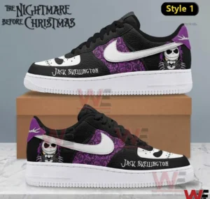 Black and purple Jack Skellington themed sneaker with white swoosh purple pattern Jack Skellington face toe and character artwork on the heel!