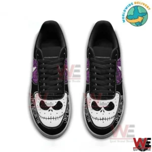 The Nightmare Before Christmas Jack Skellington Air Force 1 Shoes 4 Top view of black Jack Skellington sneakers with skull face toe print black laces purple side panels and matching pair layout!