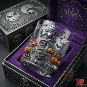 The Nightmare Before Christmas collector whiskey glass displayed in a themed box with Jack Skellington artwork!