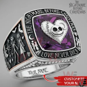 Gothic style ring with heart skull design purple gemstone look detailed engravings and custom name space!