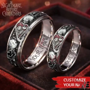 Gothic style silver rings with detailed artwork and gemstones displayed in a gift box!
