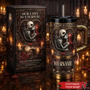 Gothic love themed tumbler with skeleton couple artwork ornate gold accents and collector edition box in a warm candle lit room!