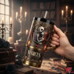 The Nightmare Before Christmas Our Love is Eternal Custom Tumbler 3 Hand holding a customized gothic tumbler with skeleton couple art candles books and dark romantic decor in the background!