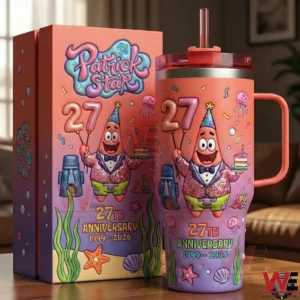 Patrick Star anniversary tumbler and matching box with colorful birthday artwork underwater elements and a playful cartoon design!