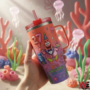 The Patrick Star 27th Anniversary Commemorative Tumbler 3 Hand holding a Patrick Star anniversary tumbler with birthday themed artwork bright colors and an underwater cartoon background!