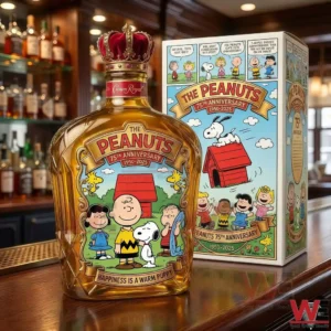Peanuts anniversary whiskey bottle with cartoon characters crown topper and matching collector box presented on a polished wooden bar surface!