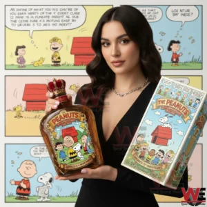 Woman holding a Peanuts anniversary whiskey bottle and matching box with classic comic artwork in a bright decorative environment!