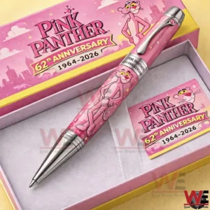 A collectible Pink Panther anniversary pen presented in a display box with iconic character illustration and a joyful sixty two year celebration theme!