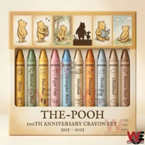 The Pooh one hundred year anniversary crayon set displayed in a cream colored box with illustrated character panels and themed crayons!