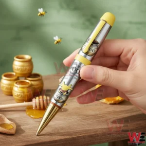 The Pooh 100th Anniversary 1925-2025 Pen 5 Hand holding a The Pooh anniversary pen over a wooden table with honey jars honey drips and small bees in the background!