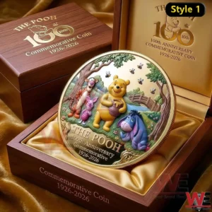 A The Pooh one hundredth anniversary commemorative coin displayed in a wooden presentation box highlighting colorful character artwork and elegant collector design!