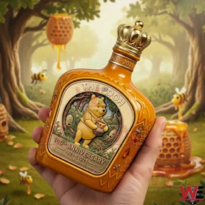 Hand holding a golden The Pooh 100th anniversary bottle with crown cap and honey themed label in a whimsical forest scene with bees and honeycombs!