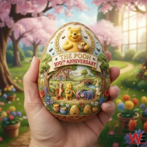Hand holding a The Pooh one hundredth anniversary decorative egg with colorful storybook characters in a garden background!