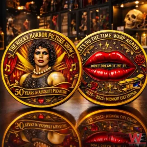 Two gold commemorative coins with Rocky Horror themed artwork showing a character portrait and red lips design displayed with reflective lighting in a dramatic collection setting!