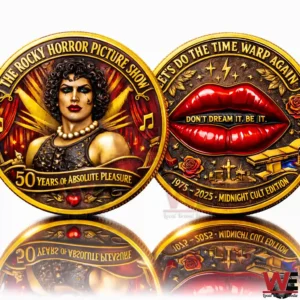 The Rocky Horror Picture Show 50th Anniversary Collector’s Coin 4 Rocky Horror anniversary collectible coins on a white background showing a portrait design and a red lips time warp design with gold edges and detailed engraving!