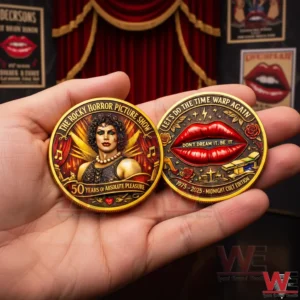 The Rocky Horror Picture Show 50th Anniversary Collector’s Coin 5 Hand holding two Rocky Horror themed commemorative coins with bright gold rims featuring a portrait side and a red lips time warp side in a dramatic stage style setting!