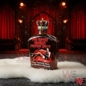 Whiskey bottle with crown stopper and red anniversary artwork displayed on a dramatic theater stage background!