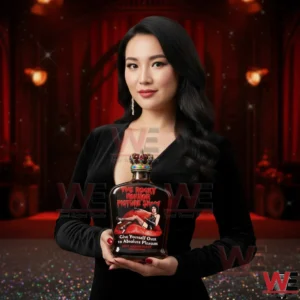 The Rocky Horror Picture Show Absolute Pleasure 50th Anniversary Limited Edition Whiskey Bottle 4 Elegant woman holding an anniversary whiskey bottle in front of a red stage curtain backdrop!