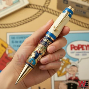 Hand holding a Popeye commemorative pen with sailor themed artwork and a creative nostalgic setting!