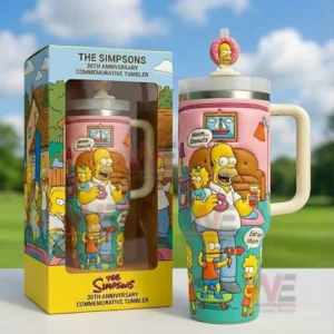The Simpsons 36th Anniversary commemorative tumbler with handle and straw featuring colorful character artwork and a donut lid topper displayed beside a matching gift box outdoors!