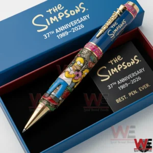The Simpsons themed metal pen displayed inside a decorative presentation box with cartoon artwork!