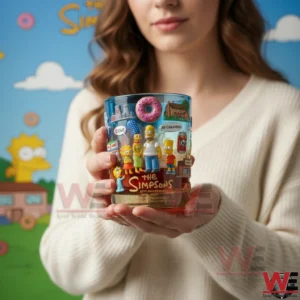 A woman holding a The Simpsons anniversary whiskey glass against a colorful themed background!