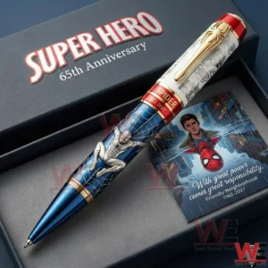 Super Hero anniversary pen in a presentation box with blue web artwork metallic accents and a matching card celebrating 65th anniversary.