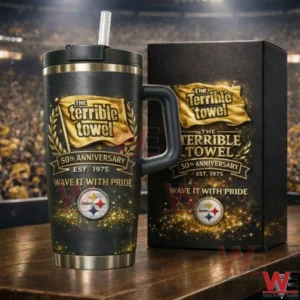 Black insulated tumbler with handle and straw shown next to a matching Terrible Towel anniversary gift box!