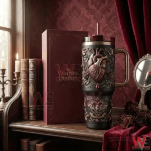 Dark insulated tumbler with handle and straw featuring gothic heart and bat artwork next to a matching box!
