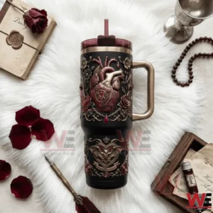 The Vampire Diaries Bat and Heart 40oz Tumbler With Handle 4 Top view of a black insulated tumbler with handle and straw featuring gothic heart and bat design!