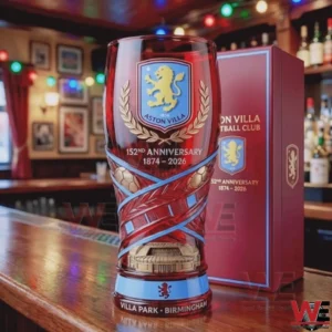 Aston Villa 152 year commemorative glass displayed on a wooden bar! v