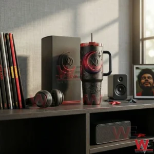 Music themed handled tumbler with crescent moon design on a shelf with records and speakers!