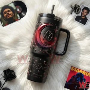 Overhead view of a music themed handled tumbler with crescent moon design on white background!