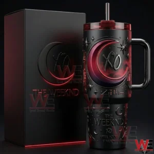 Close view of a music themed handled tumbler with crescent moon design next to a black presentation box!