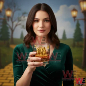 A woman holds a Wizard of Oz anniversary whiskey glass close to the camera with the glass centered and sharply focused against a themed background inspired by the yellow brick road!