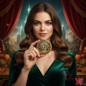 Woman holding Wizard of Oz commemorative coin in a fantasy themed studio setting!