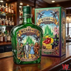 Wizard of Oz themed whiskey bottle and box displayed on a bar counter!