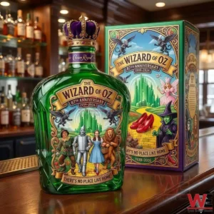 Wizard of Oz themed whiskey bottle with a decorative crown cap beside its box!
