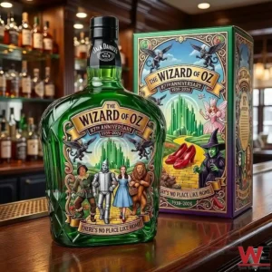 Wizard of Oz themed whiskey bottle with dark cap displayed next to its box!