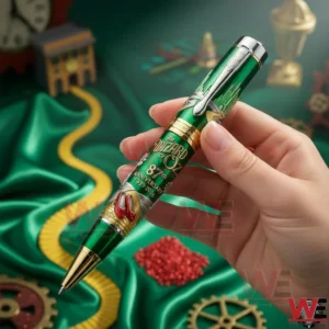 Hand holding a Wizard Of Oz anniversary pen with emerald colors and magical storybook atmosphere!