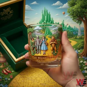 A Wizard of Oz anniversary whisky glass held in hand with colorful illustrated scenery and iconic characters from the classic story!