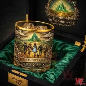 Wizard of Oz anniversary whiskey glass in a luxury gift box featuring the Emerald City and the yellow brick road!