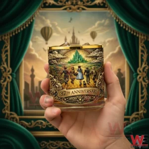 The Wizard of Oz Celerate 87th Anniversary Whiskey Glass 3 Hand holding a Wizard of Oz anniversary whiskey glass featuring the yellow brick road and Emerald City artwork!