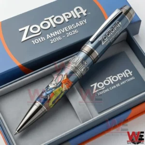 A Zootopia anniversary pen placed inside a stylish presentation box with character artwork and commemorative branding!