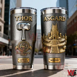 Gray Thor themed insulated tumblers with hammer emblem Asgard city artwork and tribute details displayed on a city street!