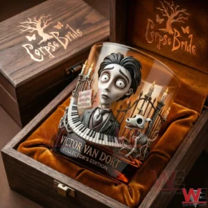 A detailed Corpse Bride Victor Van Dort whiskey glass with gothic character artwork candle elements and a premium collectors box background!